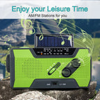 Green and black AlerSkyo Battery Radio with solar panel on a natural background