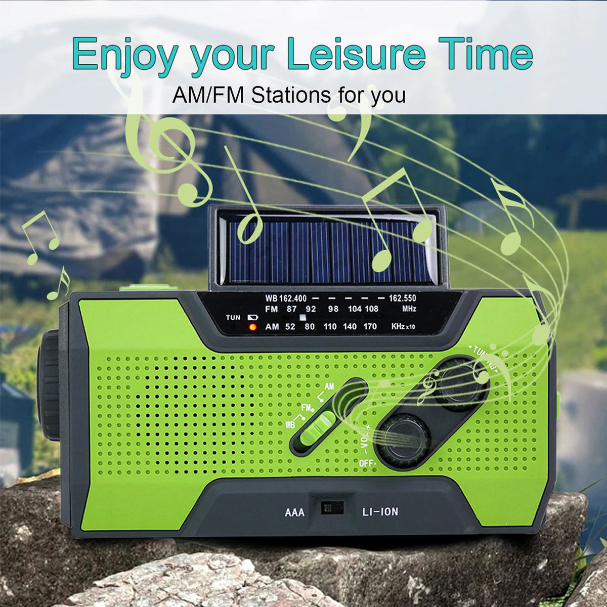 Green and black AlerSkyo Battery Radio with solar panel on a natural background