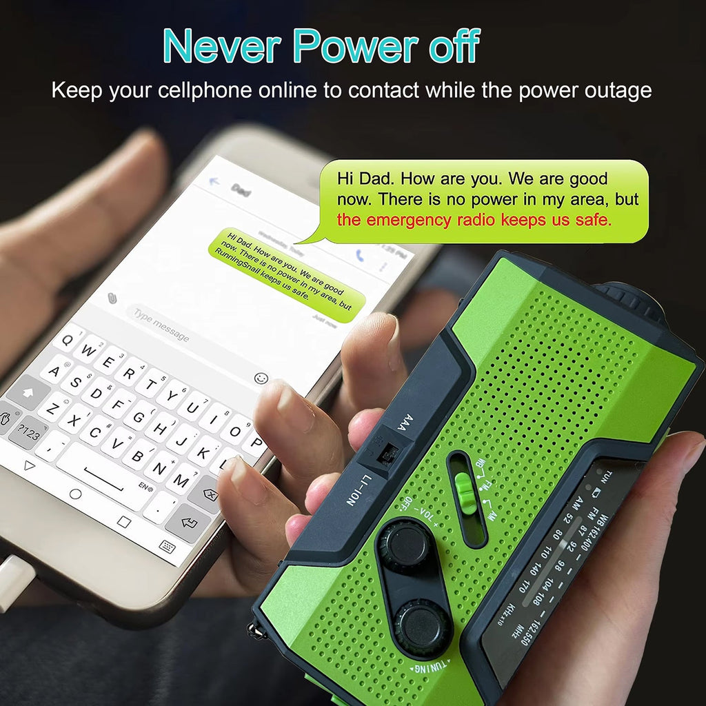 Person holding a gAlerSkyo Battery Radio with smartphone displaying text message, emphasizing the importance of staying connected during power outages.