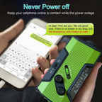 Person holding a gAlerSkyo Battery Radio with smartphone displaying text message, emphasizing the importance of staying connected during power outages.