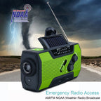 Green and black AlerSkyo Battery Radio with solar panel on a background of a stormy sky and tornado.