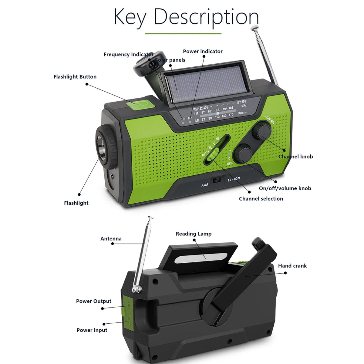 Green and black AlerSkyo Battery Radio with labeled parts on a white background