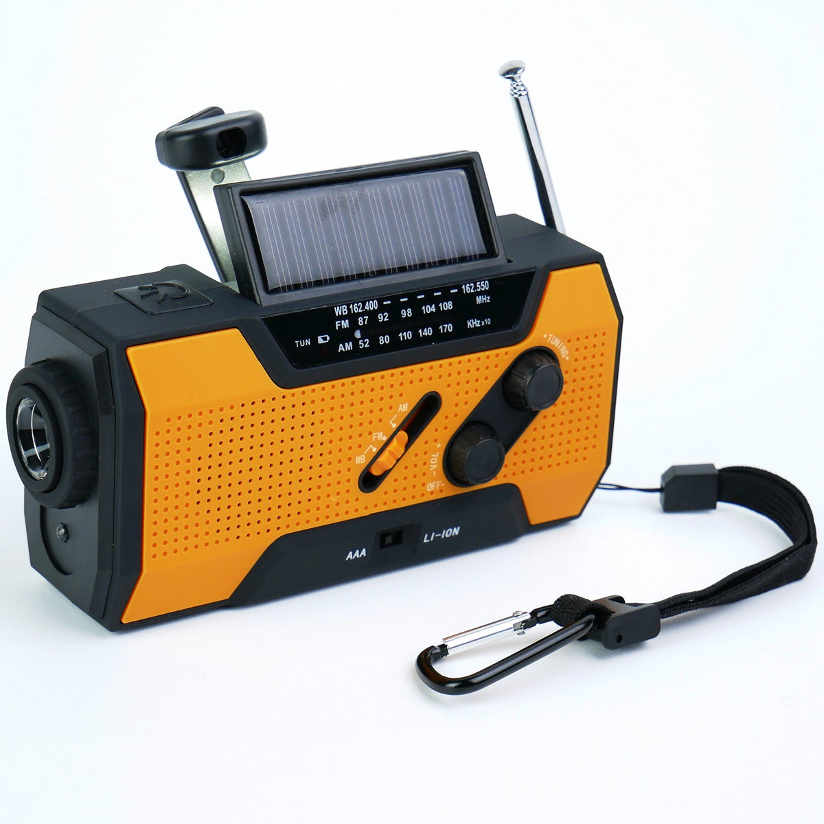 Orange and black AlerSkyo Battery Radio with solar panel on a white background