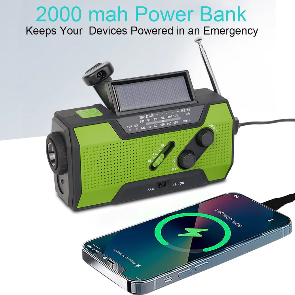 Green and black AlerSkyo Battery Radio with  phone charging feature on a white background