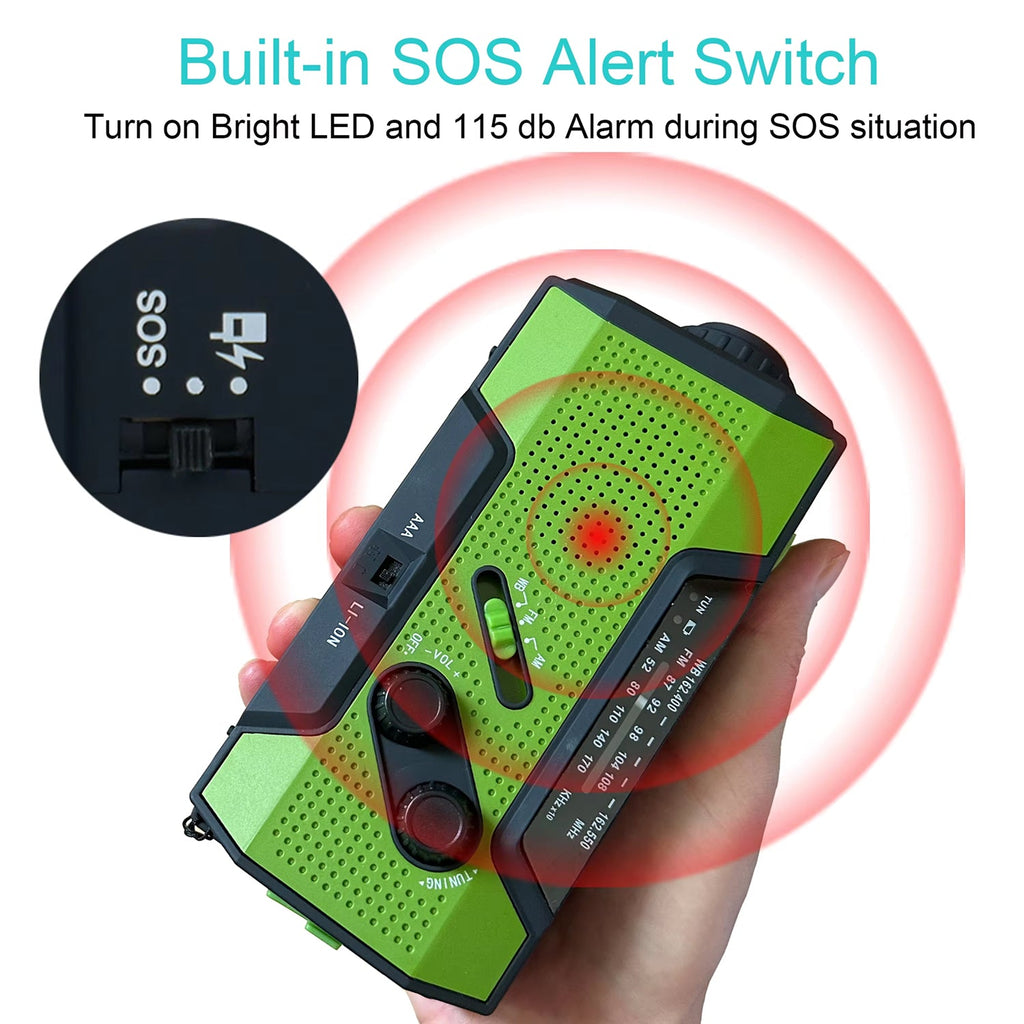 Hand holding a green AlerSkyo Battery Radio with SOS feature and alarm display