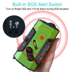Hand holding a green AlerSkyo Battery Radio with SOS feature and alarm display
