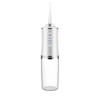 A silver and clear AquaBriska Water Flosser with a metallic body, clear nozzle, and transparent reservoir, shown on a solid white background.