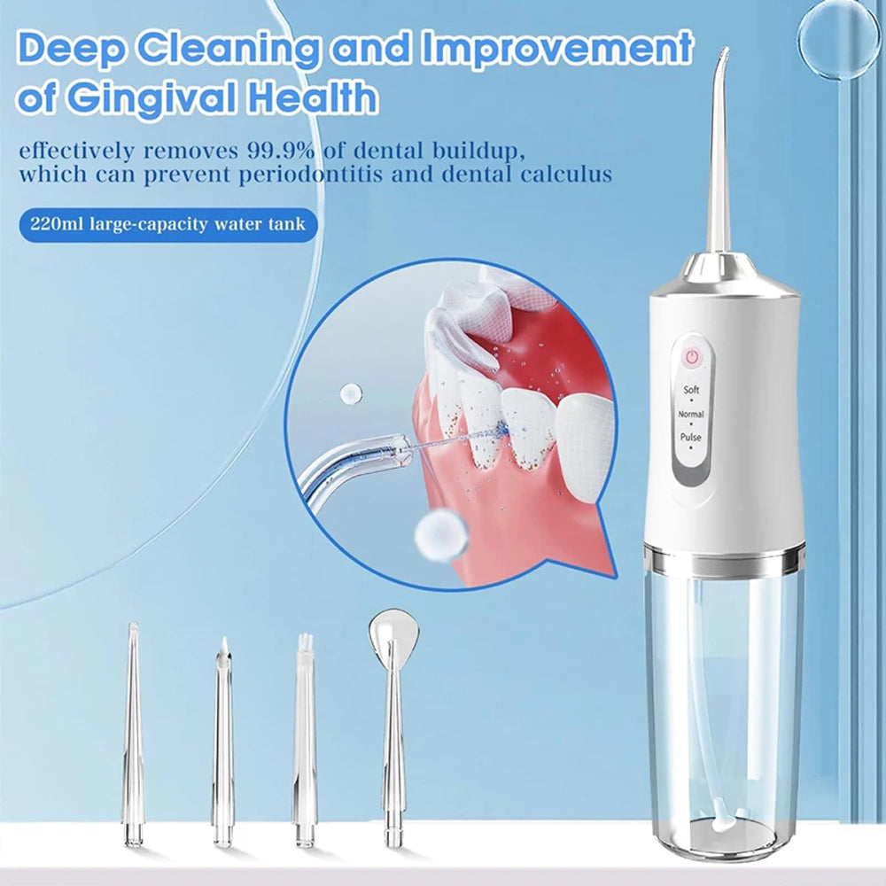 A AquaBriska Water Flosser with a clear tank and white/silver body, shown on a light blue background with multiple nozzle tips, marketing text, and a circular inset demonstrating use on a tooth.