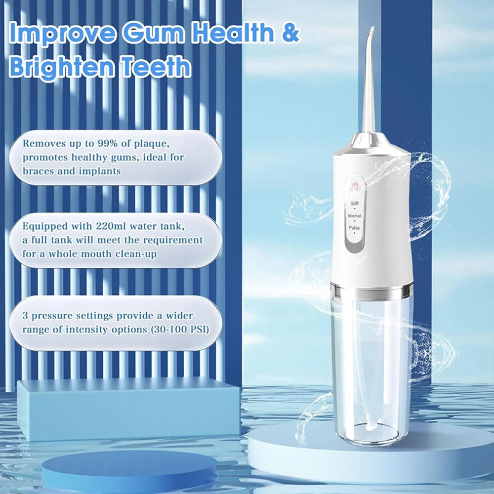A white and silver oral AquaBriska Water Flosser with a clear tank stands on a light blue pedestal against a blue water-themed background. The image includes marketing text bubbles describing benefits, such as plaque removal and pressure settings.