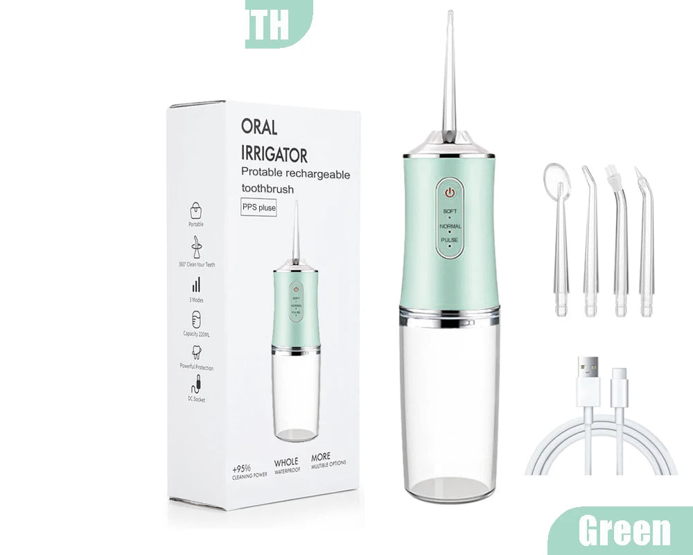 A AquaBriska Water Flosser shown with its retail box, multiple nozzle tips, and a charging cable on a white background. The device has a mint green upper section, a clear water reservoir, and a silver/chrome base.