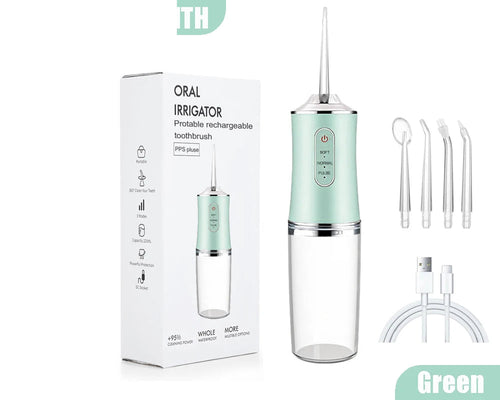 A AquaBriska Water Flosser shown with its retail box, multiple nozzle tips, and a charging cable on a white background. The device has a mint green upper section, a clear water reservoir, and a silver/chrome base.