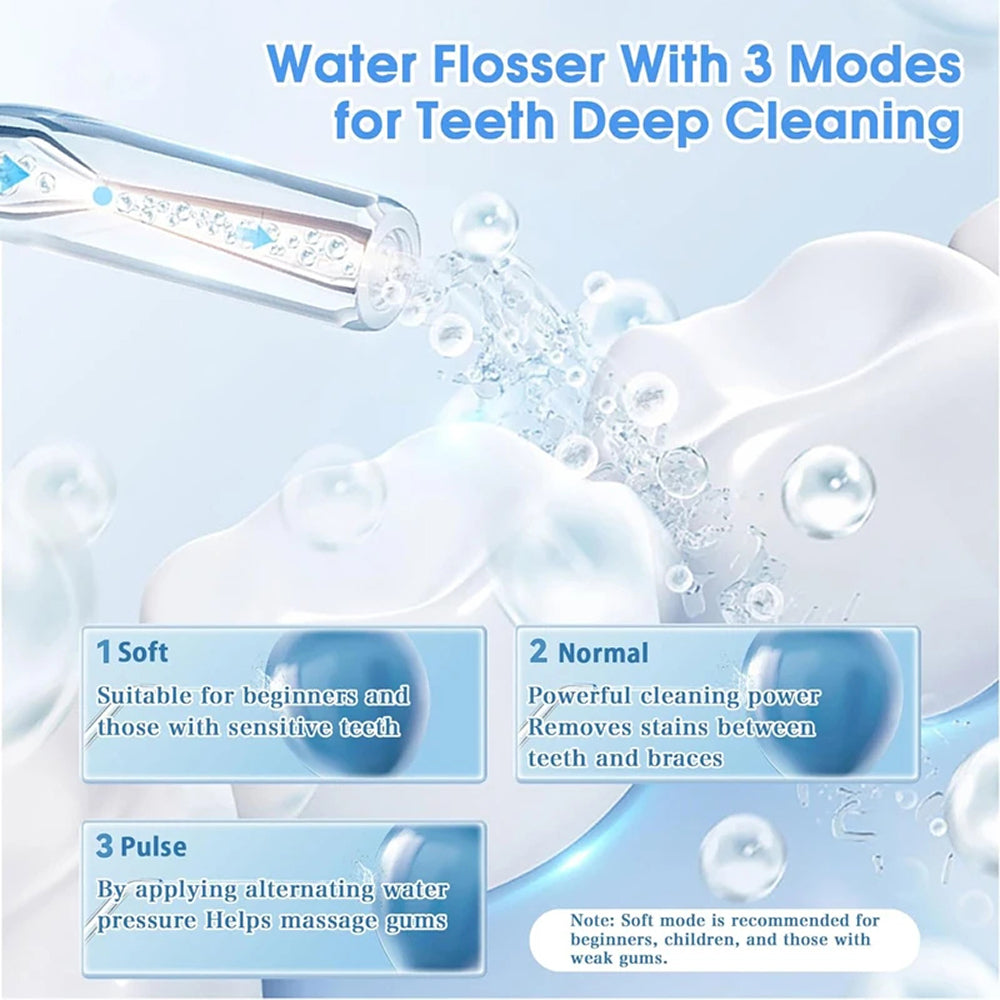 AquaBriska Water Flosser with 3 modes for teeth deep cleaning on a blue background