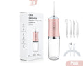 AquaBriska Water Flosser shown with its retail box, multiple nozzle tips, and a charging cable on a clean white background. The device has a metallic pink upper body, a clear water tank, and a transparent nozzle.