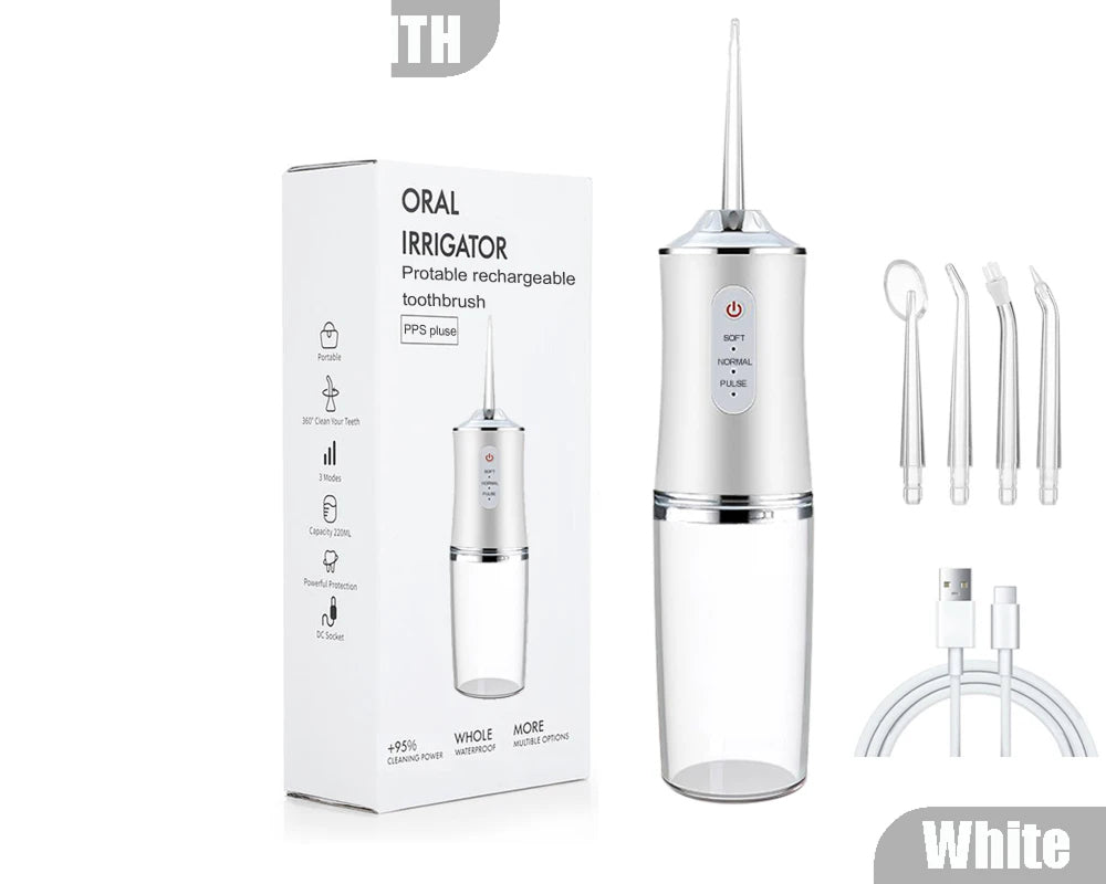  AquaBriska Water Flossertoothbrush shown with its white retail box, four interchangeable nozzle tips, and a white charging cable on a light gray background.