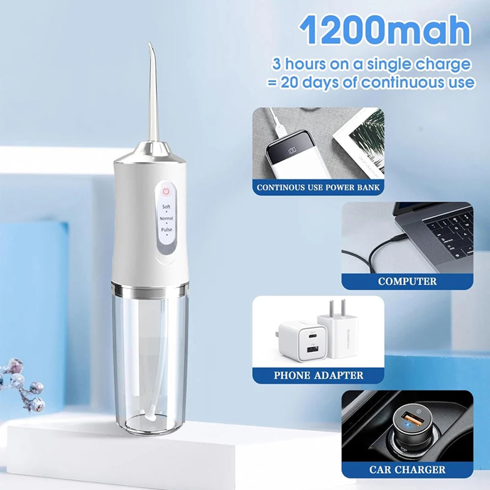 AquaBriska Water Flosser shown on a pedestal with promotional text and inset usage examples. The device is white and silver with a clear water tank.