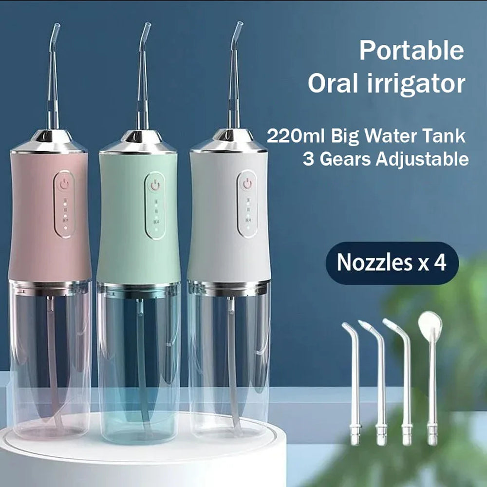 AquaBriska Water Flosser with three different colored units and nozzles on a blue background.
