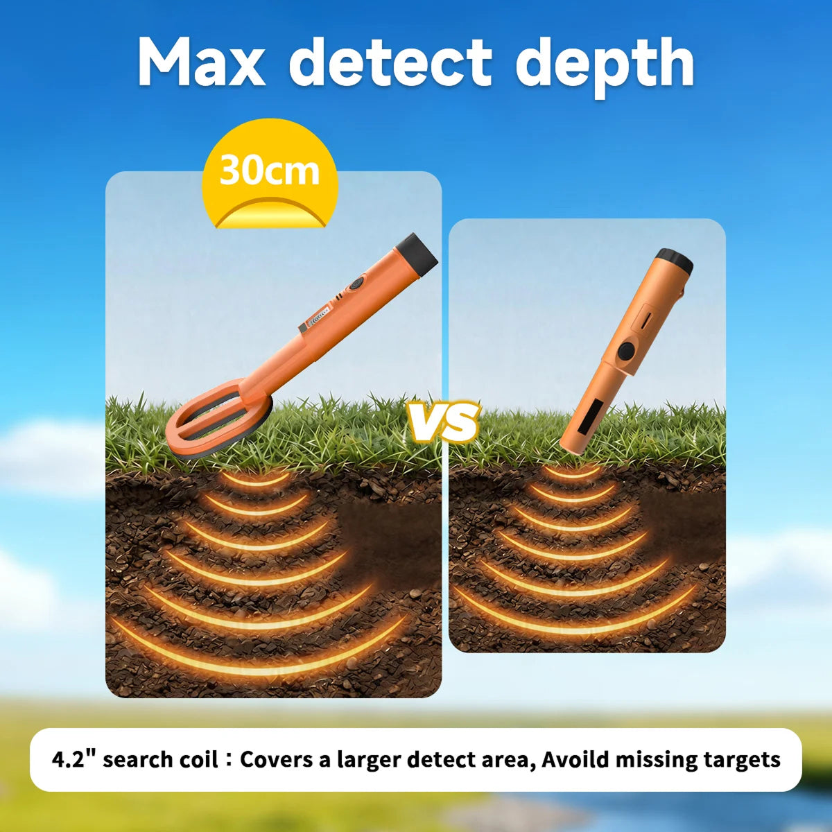 Promotional graphic for a  AquaFindi Underwater Metal Detector  showing two side-by-side usage comparisons under a blue sky. The left panel shows a 30 cm depth with a metal rake-like attachment, and the right panel shows a 4.