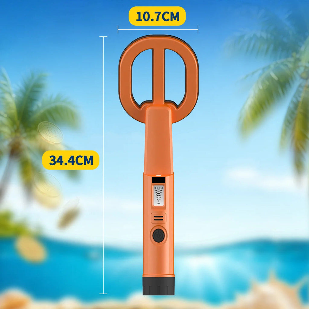 An orange  AquaFindi Underwater Metal Detector with a loop head is centered on a beach background with palm trees and ocean. Yellow text overlays show dimensions: 10.