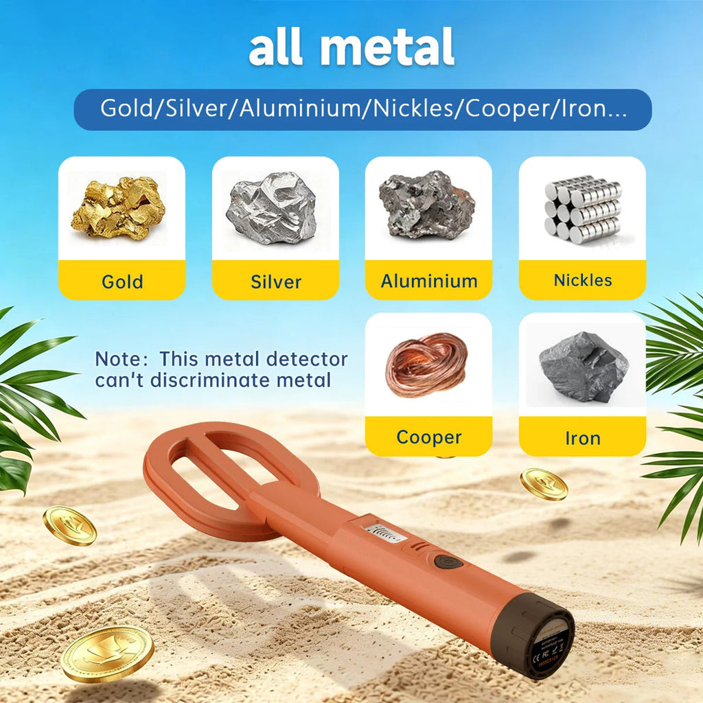An orange  AquaFindi Underwater Metal Detector with a black end cap is shown over a sandy beach background with coins and palm leaves. Above it, text reads 'all metal' and lists materials like Gold, Silver, Aluminium, Nickles, Copper, and Iron, with a note that the  AquaFindi Underwater Metal Detector can't discriminate them.