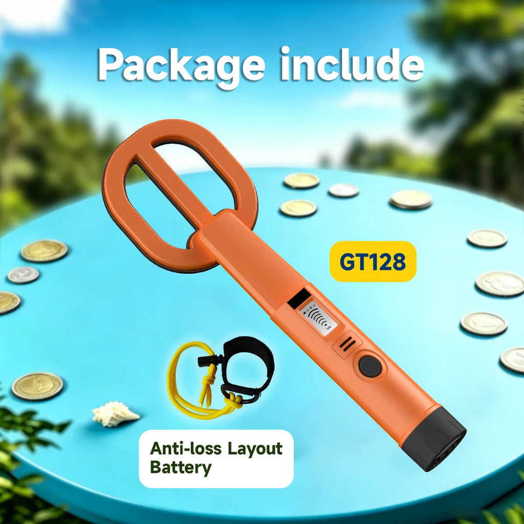 An orange  AquaFindi Underwater Metal Detector  with a black and silver control panel, displayed diagonally on a blue table with coins. The image includes text overlays reading 'Package include' and 'Anti-loss Layout Battery', along with a small yellow accessory and the model number 'GT128'.