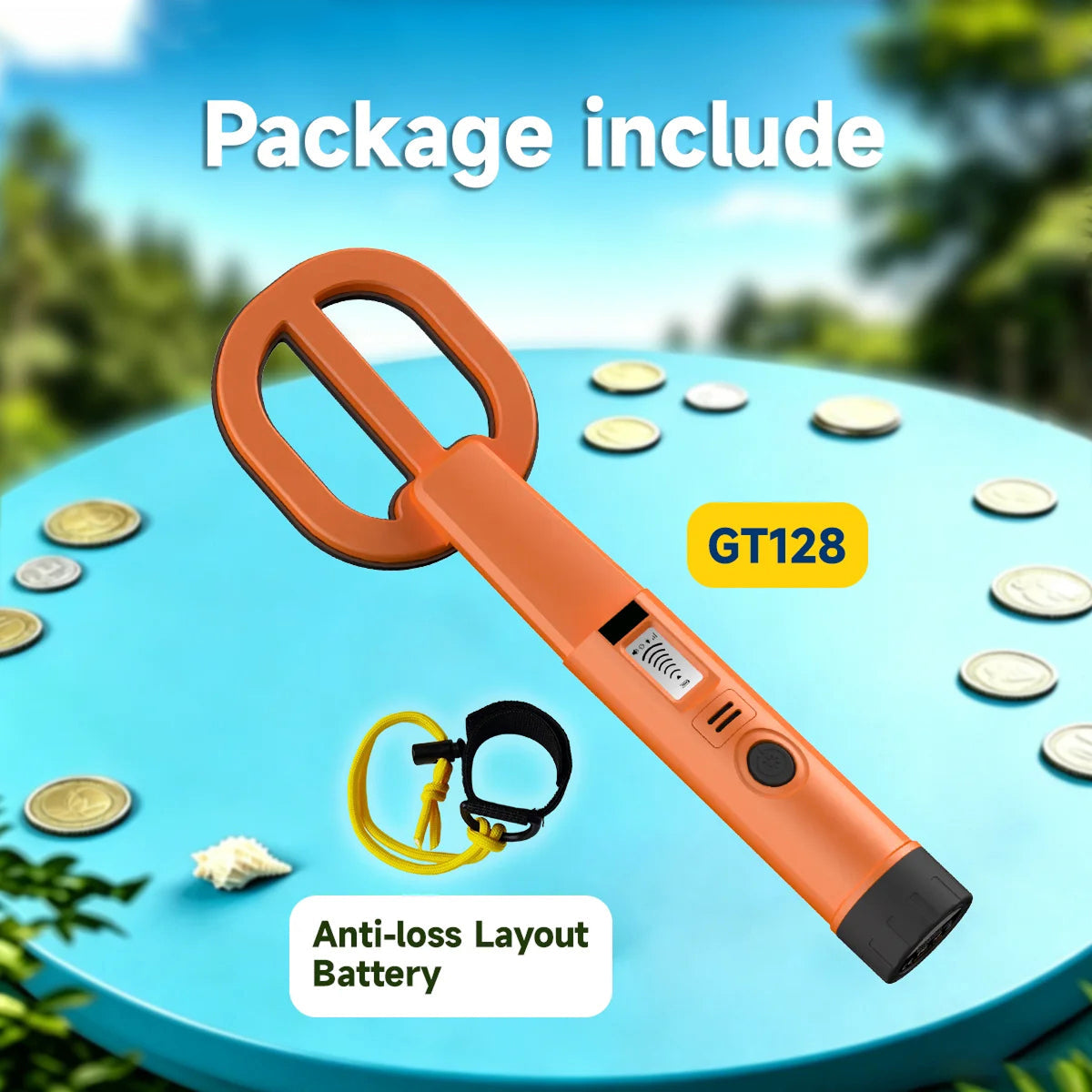 An orange  AquaFindi Underwater Metal Detector  with a black and silver control panel, displayed diagonally on a blue table with coins. The image includes text overlays reading 'Package include' and 'Anti-loss Layout Battery', along with a small yellow accessory and the model number 'GT128'.