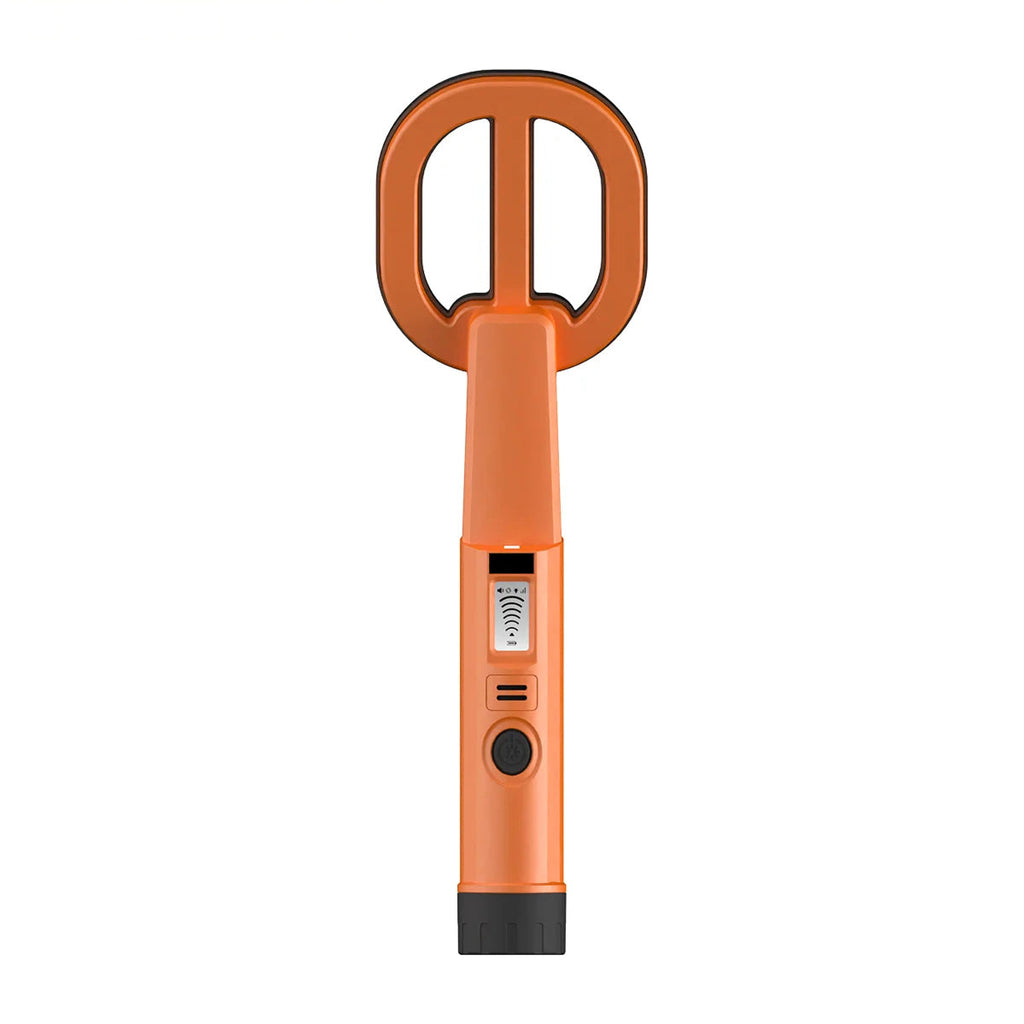 An orange  AquaFindi Underwater Metal Detector  with a looped antenna and a small digital display on the handle, shown against a plain white background.