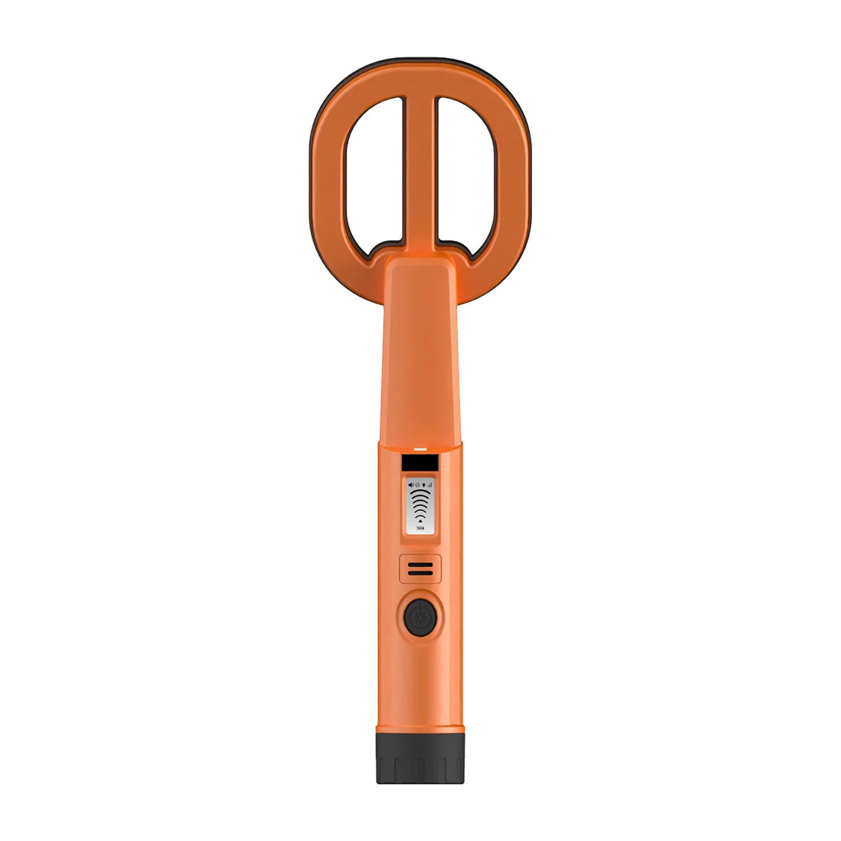An orange  AquaFindi Underwater Metal Detector  with a looped antenna and a small digital display on the handle, shown against a plain white background.