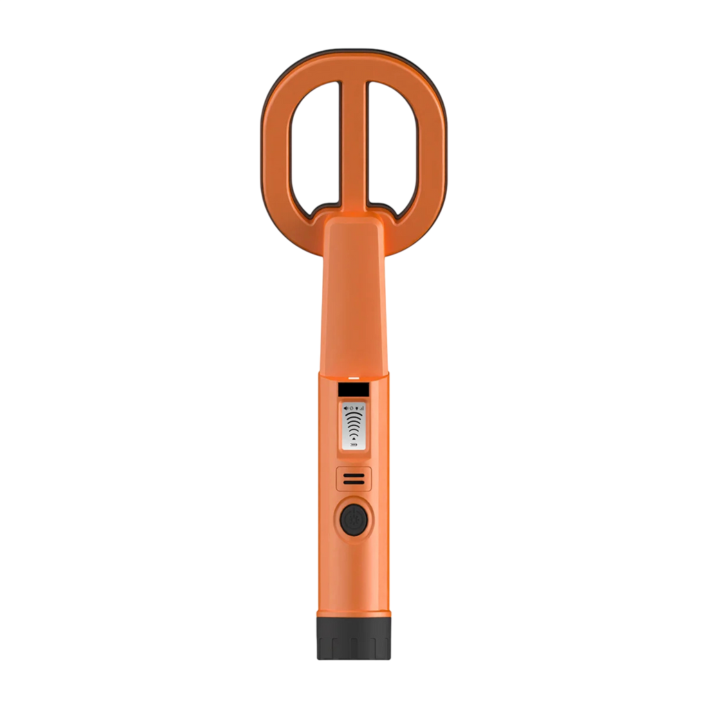 An orange  AquaFindi Underwater Metal Detector  with a split-prong head and a small digital display on the handle, shown against a plain white background.