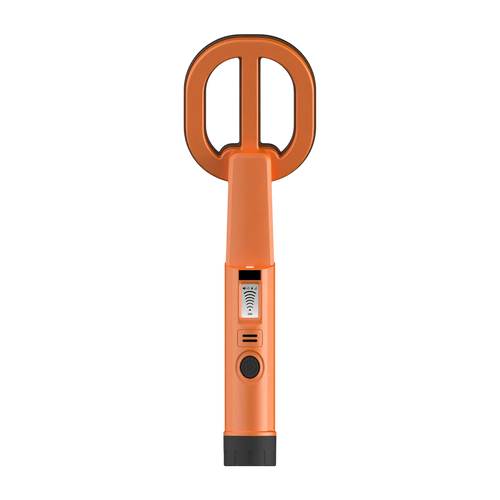 An orange  AquaFindi Underwater Metal Detector  with a split-prong head and a small digital display on the handle, shown against a plain white background.