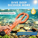 An  AquaFindi Underwater Metal Detector with a bright orange handle and looped sensor, held by a hand. The background is a sunlit ocean scene with coins, rocks, and text overlays reading 'DIVE DEEP DICOVER MORE', 'IP68 Waterproof Performance', and 'Uncover Hidden Treasure Underwater Submersible up to 3 meters'.