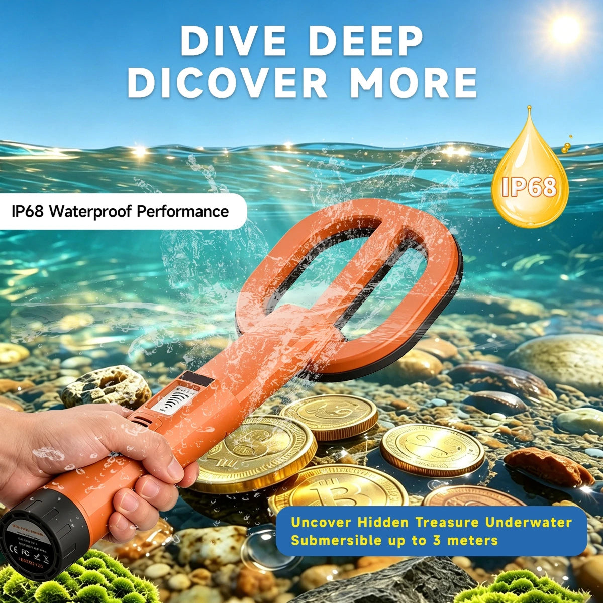 An  AquaFindi Underwater Metal Detector with a bright orange handle and looped sensor, held by a hand. The background is a sunlit ocean scene with coins, rocks, and text overlays reading 'DIVE DEEP DICOVER MORE', 'IP68 Waterproof Performance', and 'Uncover Hidden Treasure Underwater Submersible up to 3 meters'.