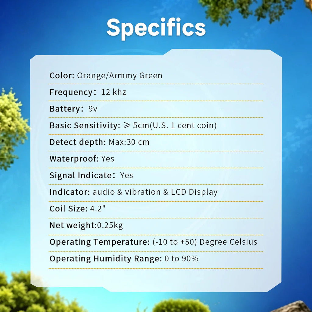 A specifications chart of  AquaFindi Underwater Metal Detector  titled 'Specifics' on a blue sky and green foliage background. The chart lists product details including color as Orange/Army Green, frequency 12 kHz, battery 9V, basic sensitivity >= 5cm, detect depth Max:30 cm, waterproof Yes, signal indicate Yes, indicator audio & vibration & LCD Display, coil size 4.