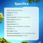A specifications chart of  AquaFindi Underwater Metal Detector  titled 'Specifics' on a blue sky and green foliage background. The chart lists product details including color as Orange/Army Green, frequency 12 kHz, battery 9V, basic sensitivity >= 5cm, detect depth Max:30 cm, waterproof Yes, signal indicate Yes, indicator audio & vibration & LCD Display, coil size 4.