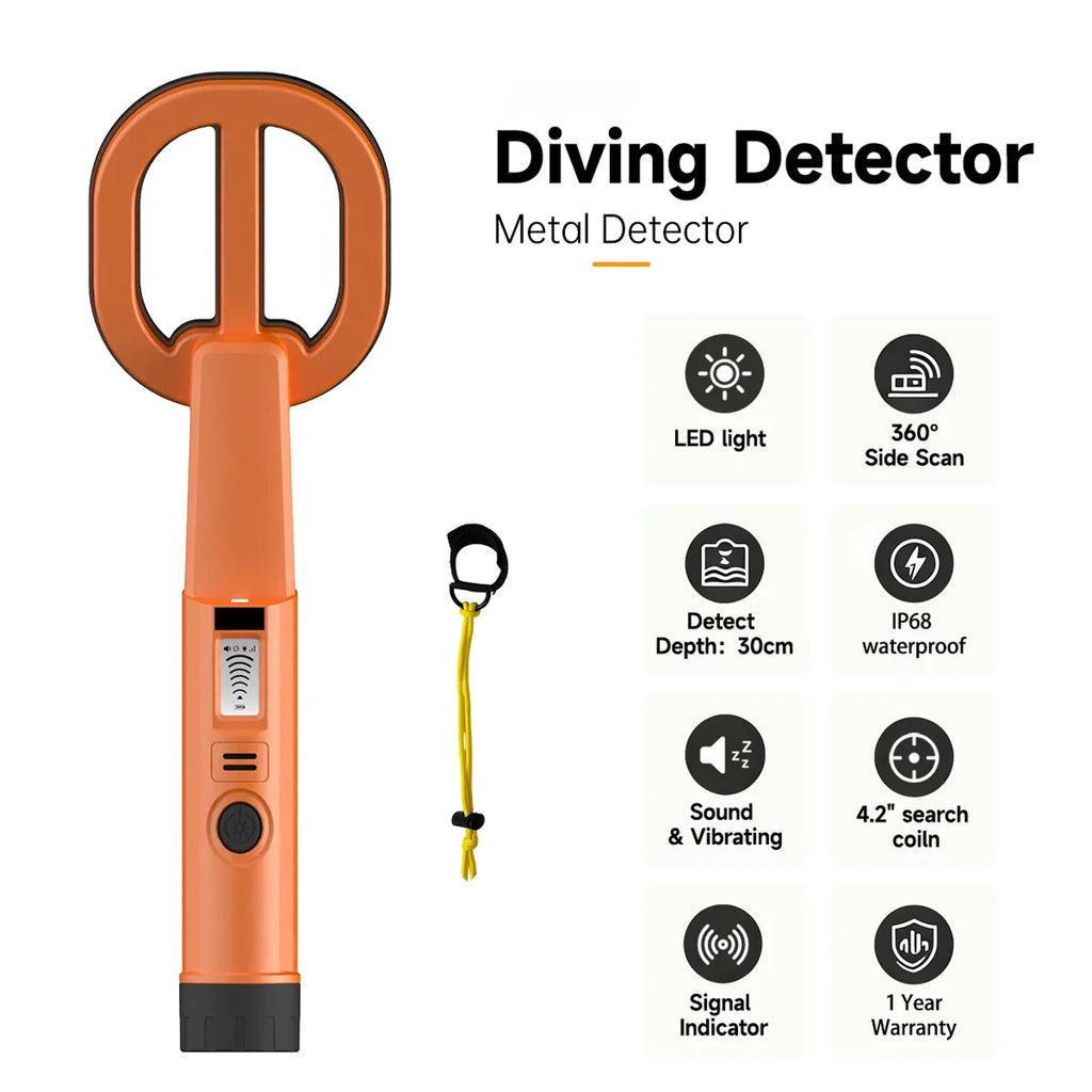 An orange  AquaFindi Underwater Metal Detector with a circular loop handle and a small yellow lanyard accessory, shown on a white background with feature icons and text reading 'Diving Detector Metal Detector' and product specs.