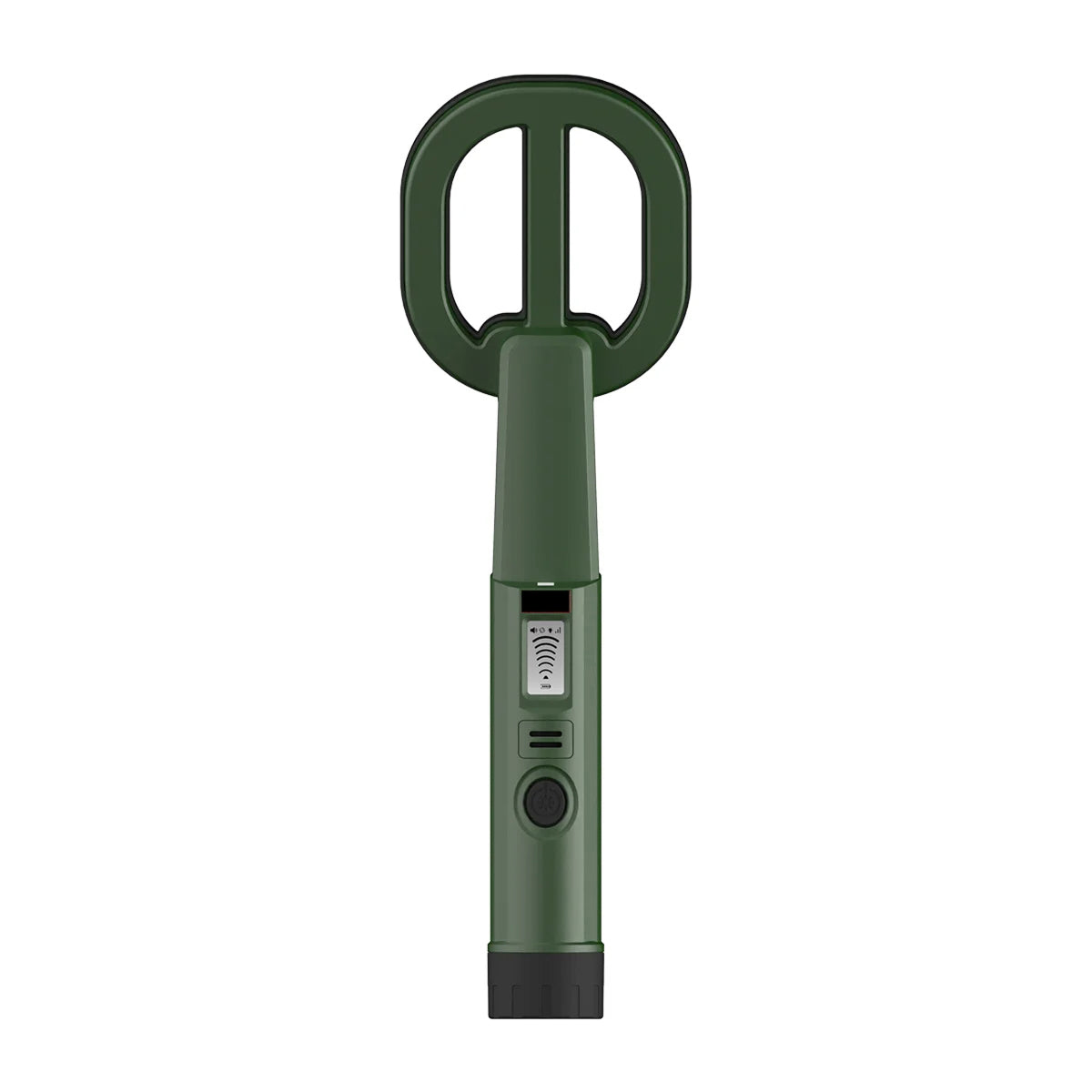 A green  AquaFindi Underwater Metal Detector with a looped antenna and a small digital display screen, shown vertically against a plain white background.