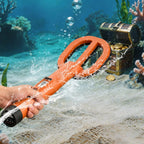 An underwater  AquaFindi Underwater Metal Detector  held by a hand, creating a splash of water, with a treasure chest and coins in the sandy ocean floor background.