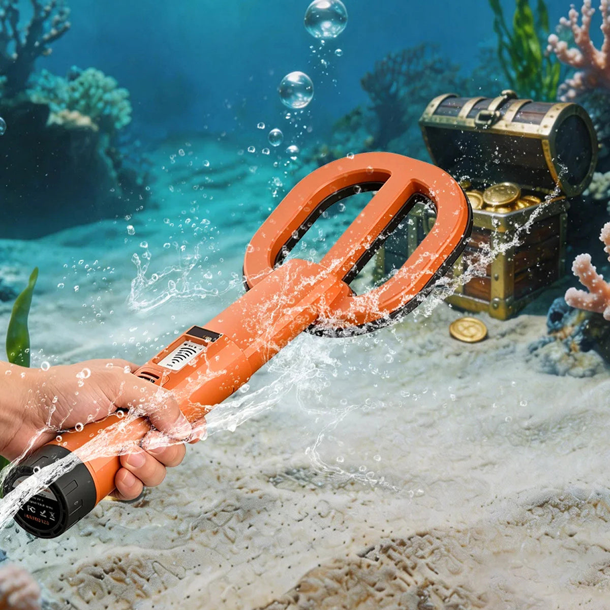 An underwater  AquaFindi Underwater Metal Detector  held by a hand, creating a splash of water, with a treasure chest and coins in the sandy ocean floor background.