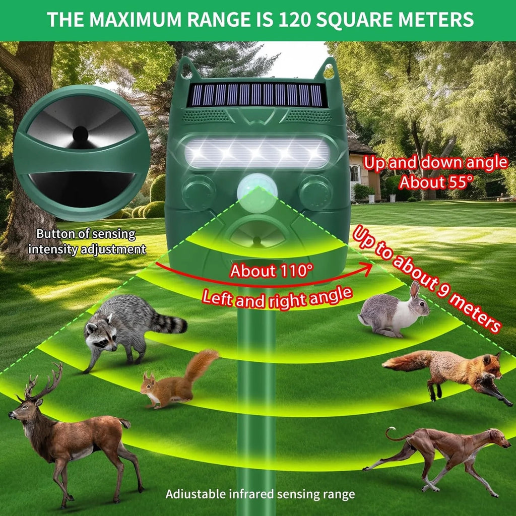Solar-powered AviGuard Seagull Deterrent with adjustable sensing range in a garden setting