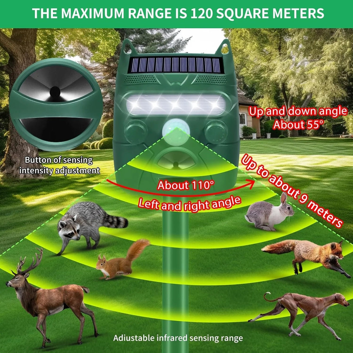 Solar-powered AviGuard Seagull Deterrent with adjustable sensing range in a garden setting