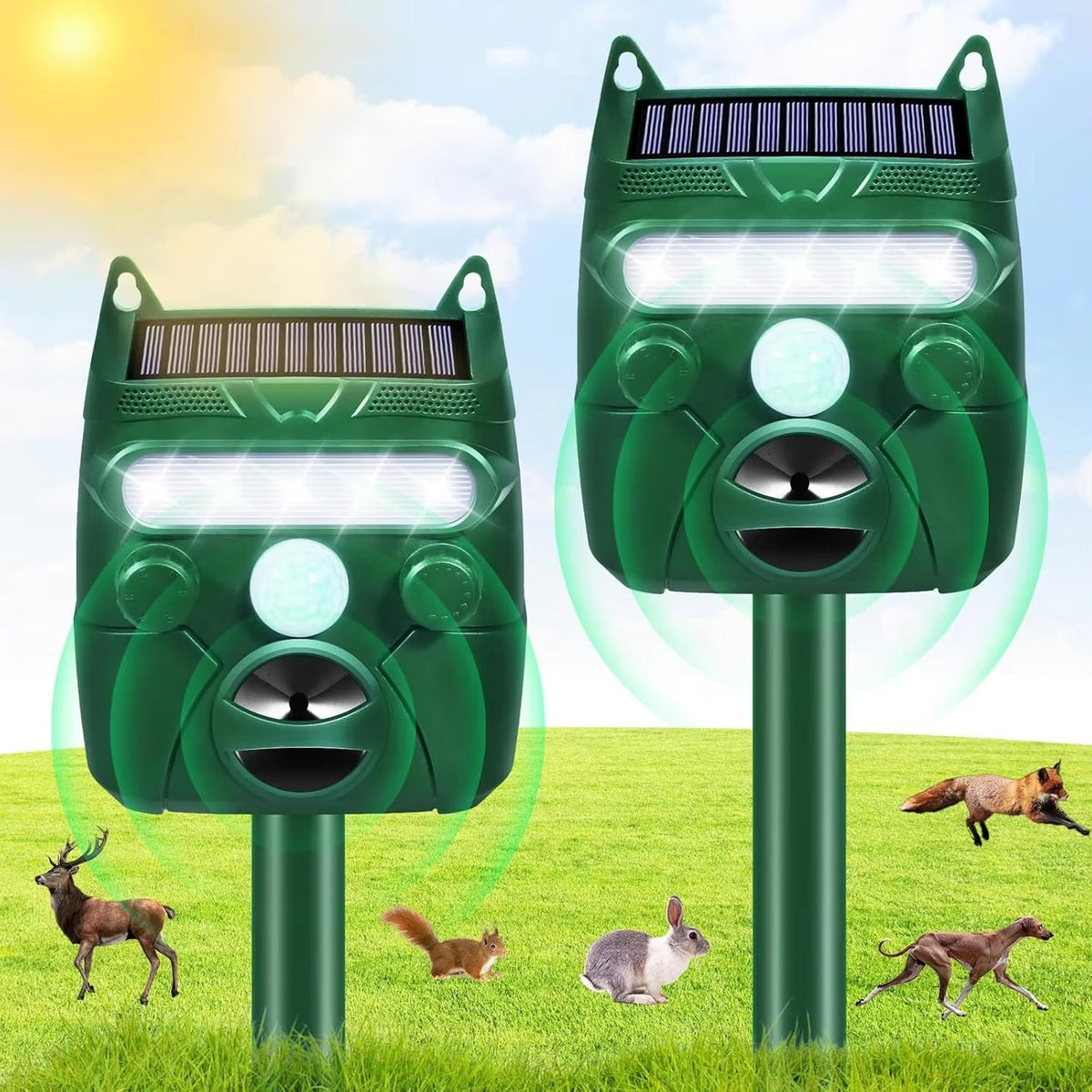 Two AviGuard Seagull Deterrent  on grass with animals in the background