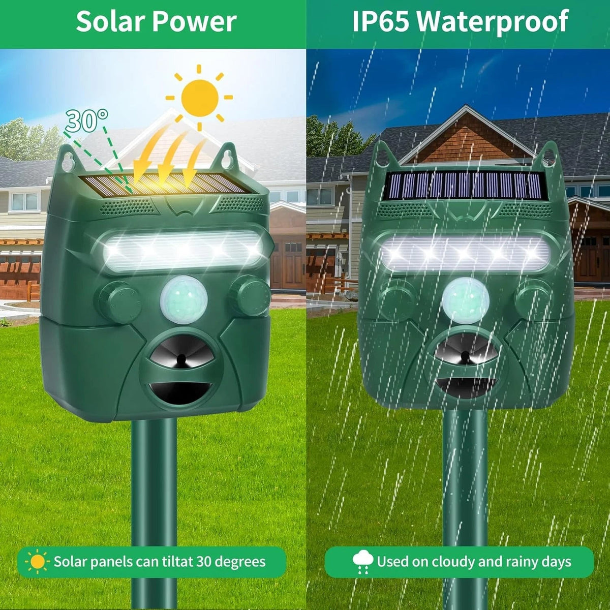 Solar-powered AviGuard Seagull Deterrent  with waterproof feature on grass and rainy conditions.