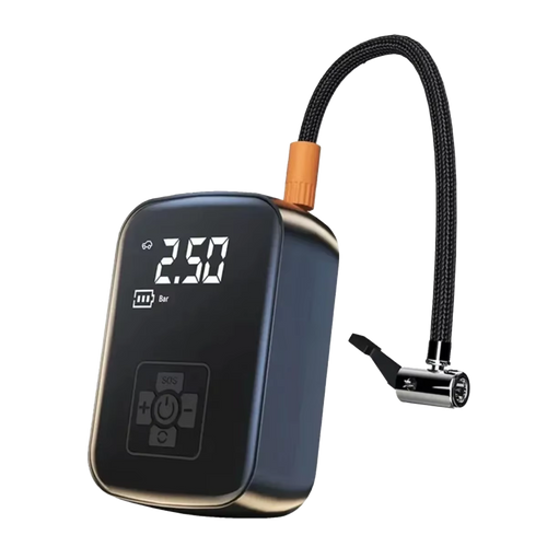 Black  BlitzoPum Cordless Tyre Inflator  with digital display and hose on a white background