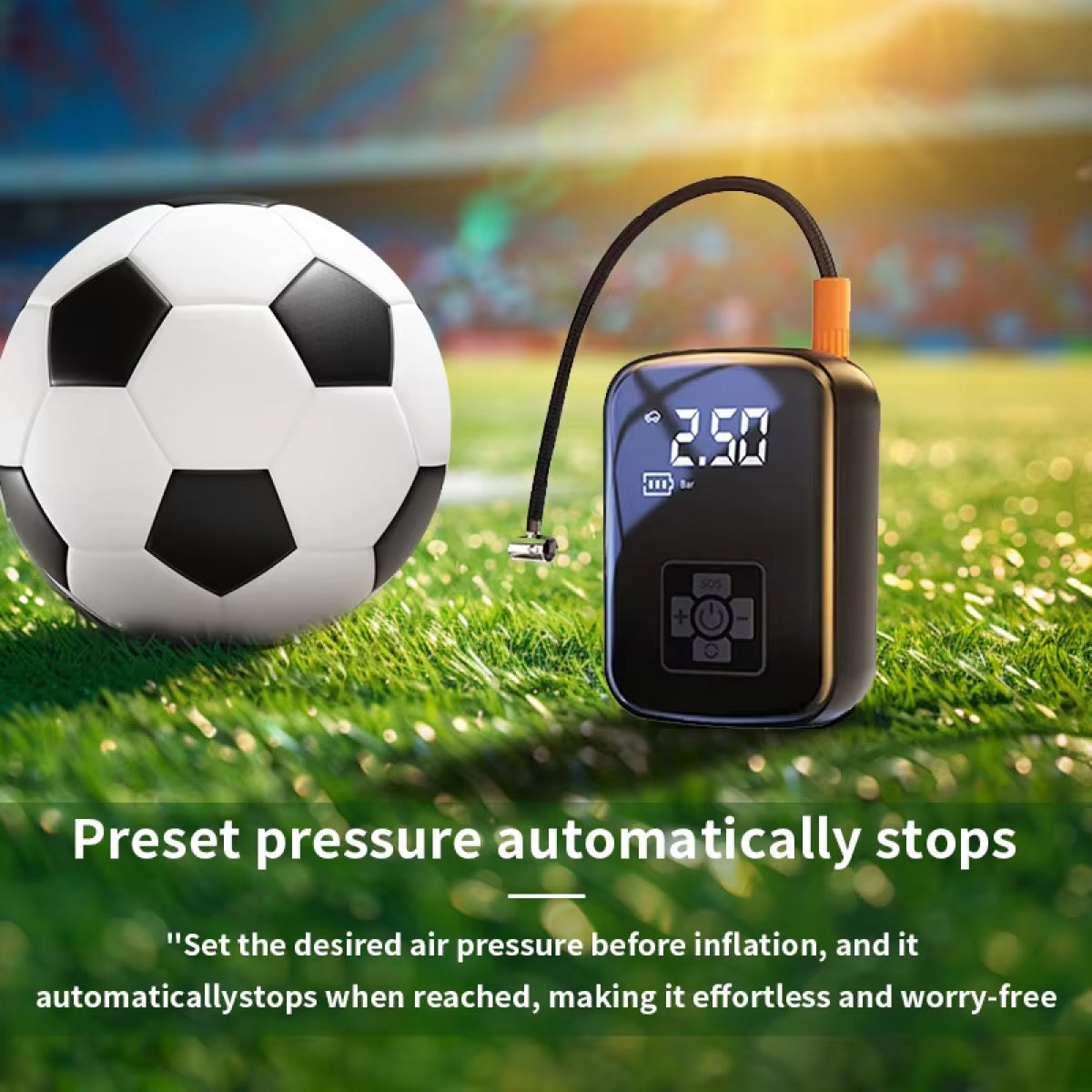 Soccer ball being inflated with  BlitzoPum Cordless Tyre Inflator on a grassy field.