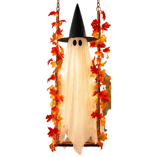 BooSwingi Swinging Ghost Halloween Decor with a white sheet-covered ghost, black witch hat, and orange and red autumn leaves on a white background.