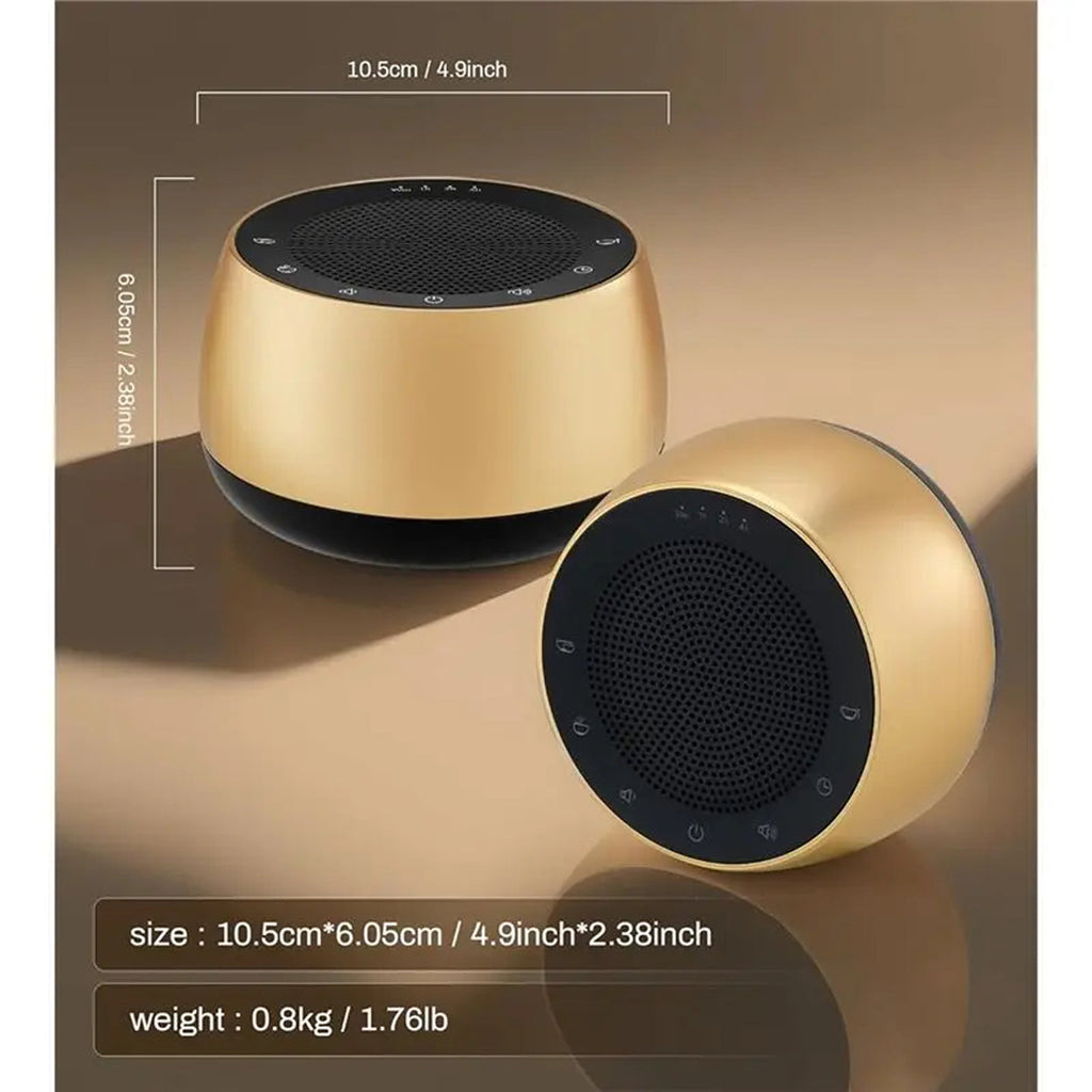 Two BowLunex Singing Bowl Machine in a metallic gold finish with black mesh grilles, shown on a warm brown gradient background with overlaid dimensions and weight text.