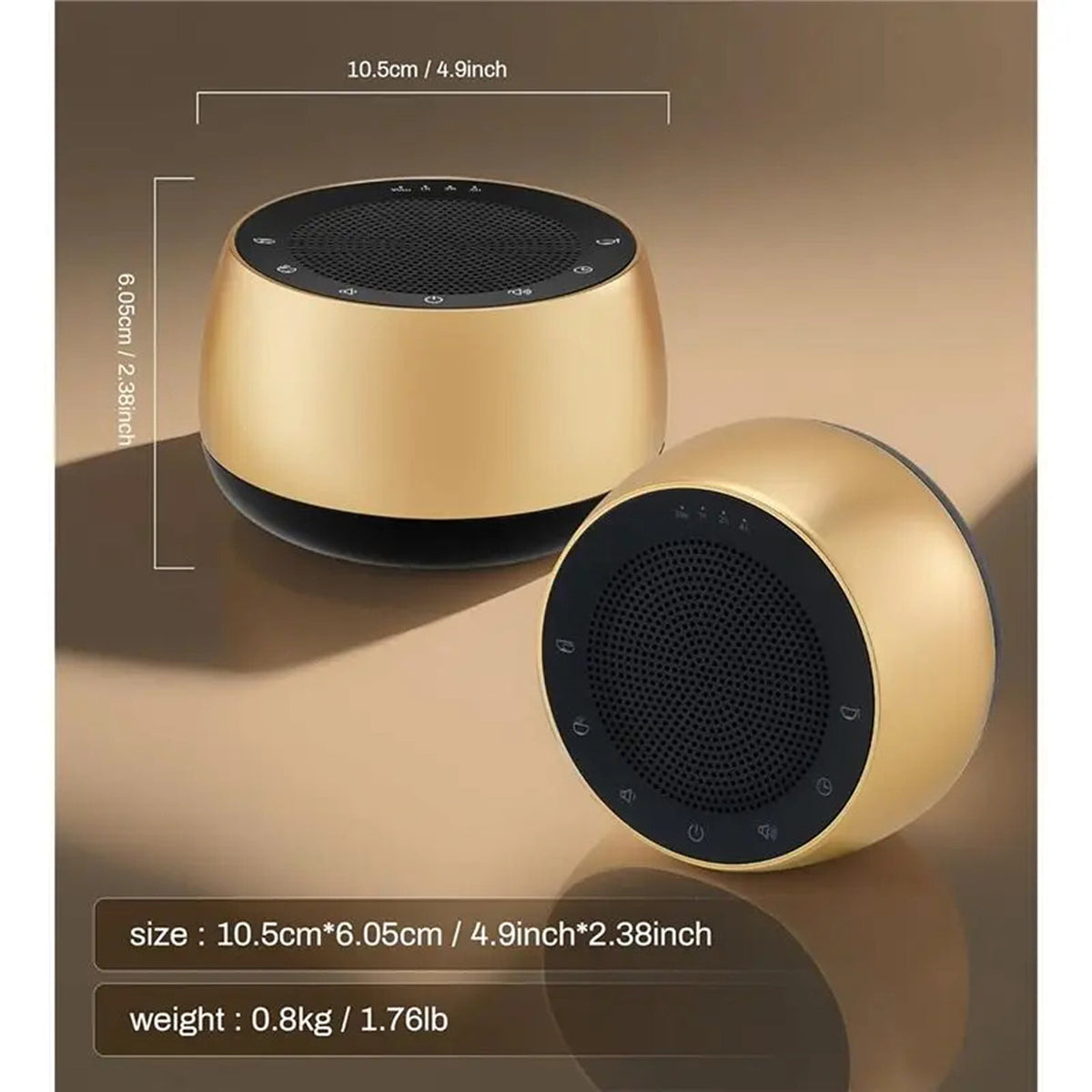 Two BowLunex Singing Bowl Machine in a metallic gold finish with black mesh grilles, shown on a warm brown gradient background with overlaid dimensions and weight text.