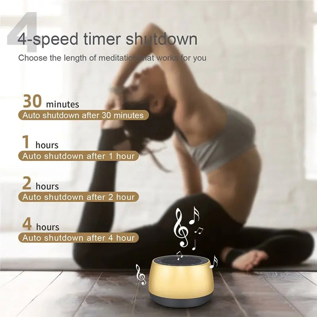 Yoga mat with timer and person meditating in the background showing BowLunex Singing Bowl Machine different times