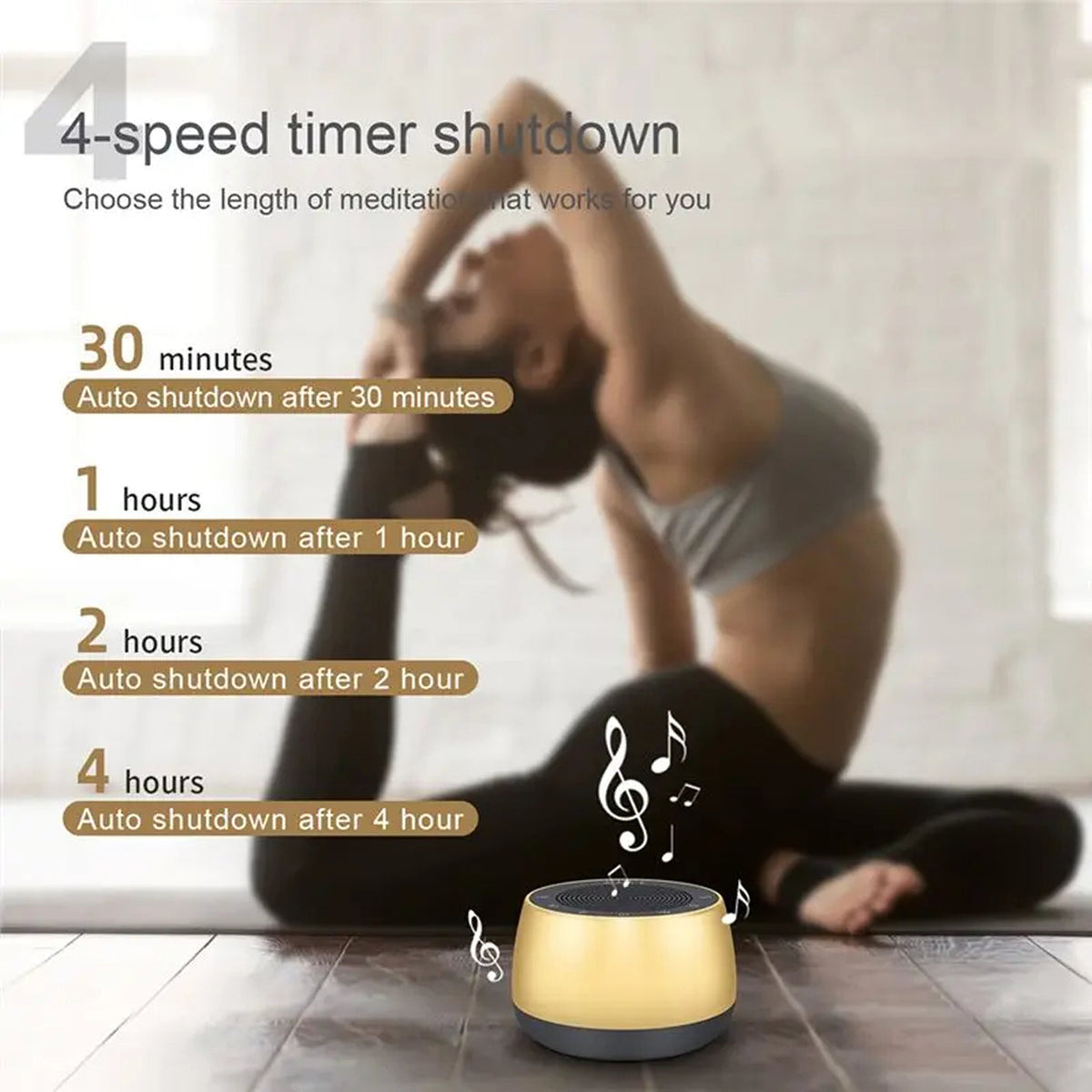 Yoga mat with timer and person meditating in the background showing BowLunex Singing Bowl Machine different times