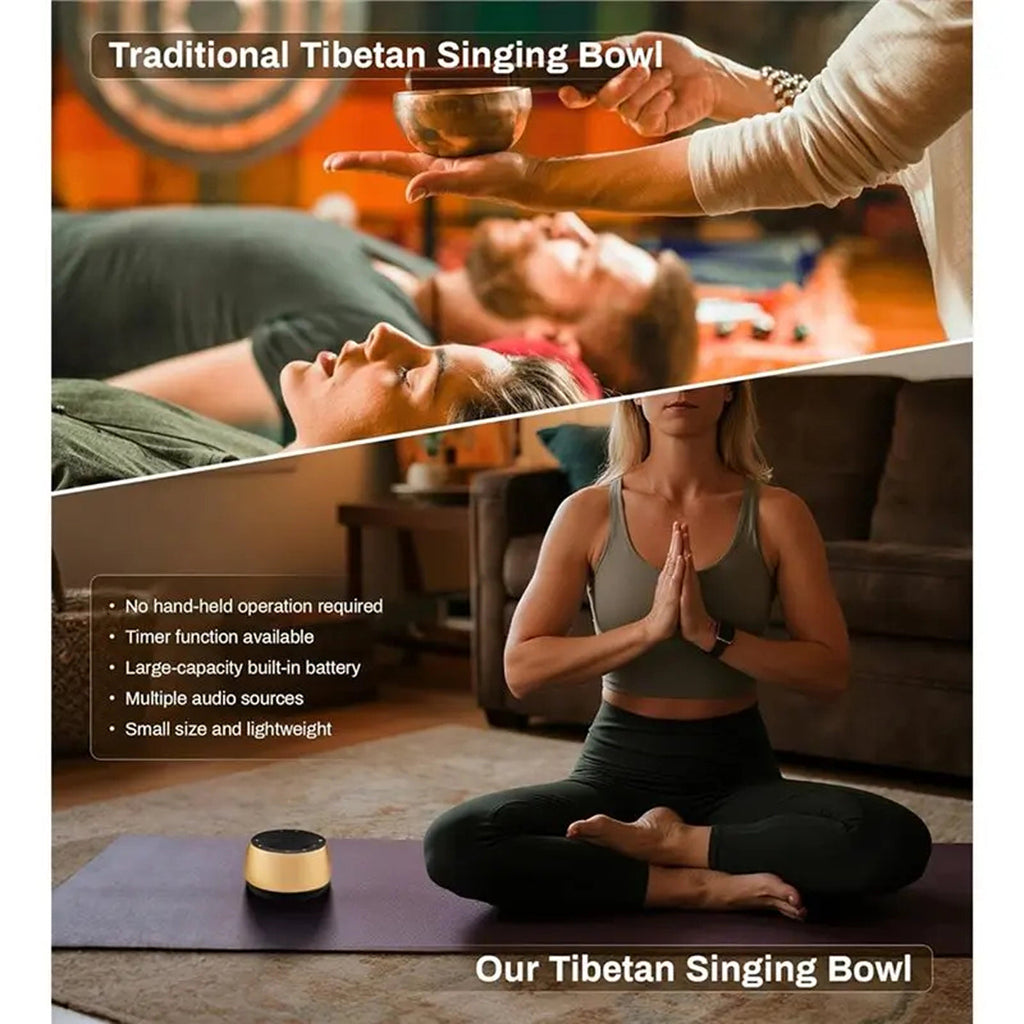 A collage-style promotional image for a Tibetan singing bowl. The top panel shows a close-up of a hand holding a metal bowl over another bowl on a surface, with the text 'Traditional Tibetan Singing Bowl.