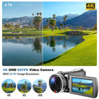 A Camcorix 4K Camcorder shown with promotional text and landscape photos demonstrating 4K UHD 60FPS video capture. The camcorder is silver and black with a flip-out screen, alongside three circular image zoom examples labeled 4X, 8X, and 18X.
